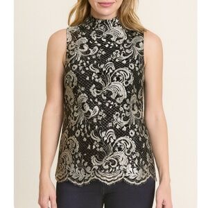 Talbots Sleeveless Black Silver/White Lace Floral Lined Formal Top SZ 4 zip up
